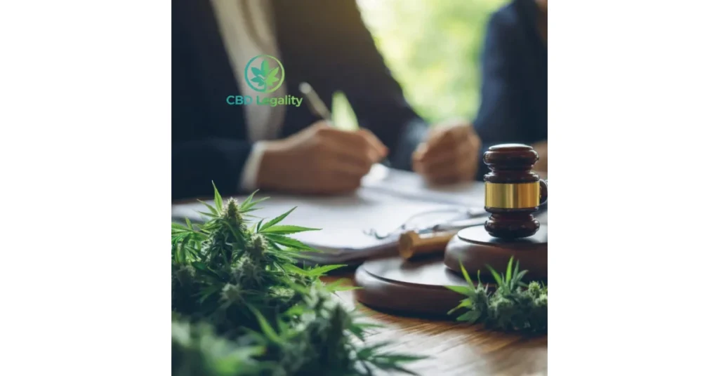 CBD Legality cannabis law consultation scene with marijuana plants and judge gavel representing CBD legal compliance and regulations.