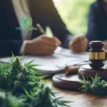 CBD Legality cannabis law consultation scene with marijuana plants and judge gavel representing CBD legal compliance and regulations.