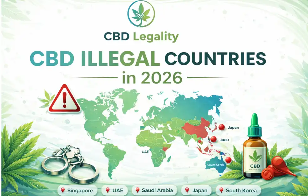 Infographic showing what countries CBD is illegal in worldwide for 2026, created by CBD Legality.