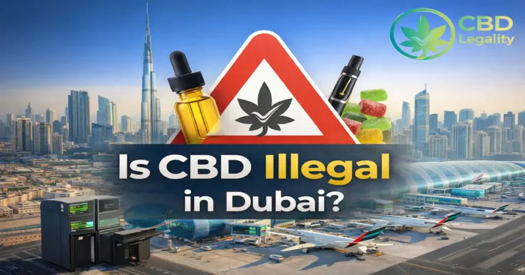 CBD legality in Dubai UAE with CBD oil, gummies and vape products in front of Dubai airport skyline highlighting banned items and safe legal alternatives