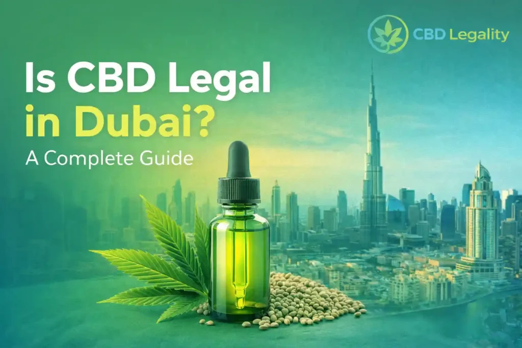 Is CBD Legal in Dubai? Informational guide image with Dubai skyline, CBD oil bottle, and CBD Legality logo.