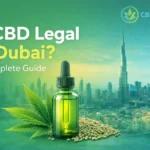 Is CBD Legal in Dubai? Informational guide image with Dubai skyline, CBD oil bottle, and CBD Legality logo.