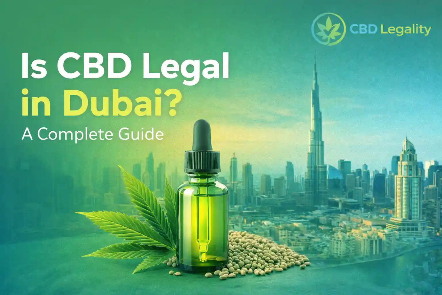 Is CBD Legal in Dubai? Informational guide image with Dubai skyline, CBD oil bottle, and CBD Legality logo.