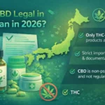Infographic explaining CBD legality in Japan highlighting the THC-free requirement, strict import regulations, and compliant CBD products with green CBD Legality logo branding.