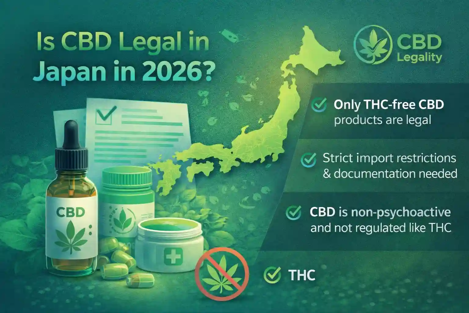 Infographic explaining CBD legality in Japan highlighting the THC-free requirement, strict import regulations, and compliant CBD products with green CBD Legality logo branding.