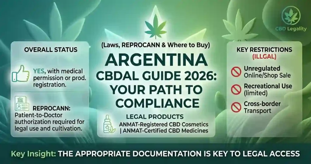 CBD legality in Argentina 2026 showing laws, REPROCANN registration process, legal status, restrictions, and ANMAT approved CBD products by CBD Legality.
