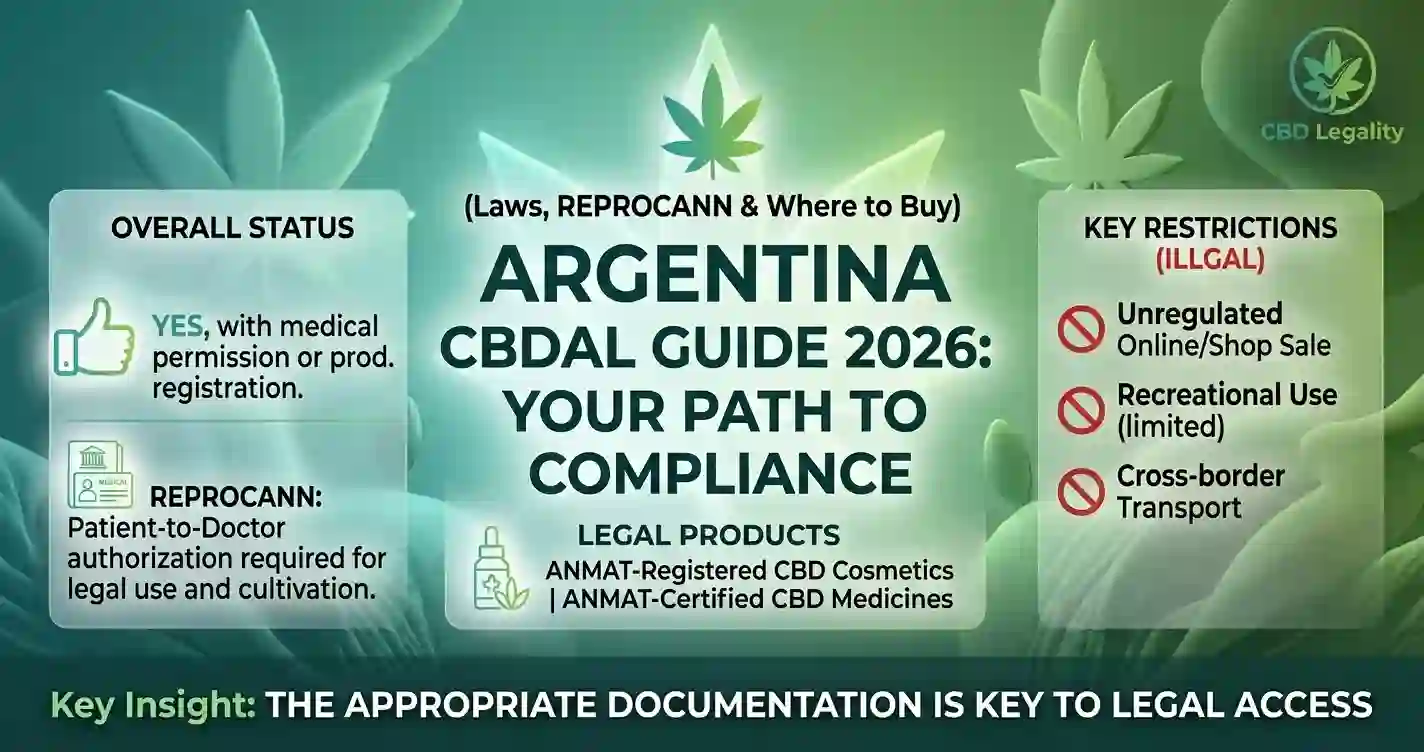 CBD legality in Argentina 2026 showing laws, REPROCANN registration process, legal status, restrictions, and ANMAT approved CBD products by CBD Legality.