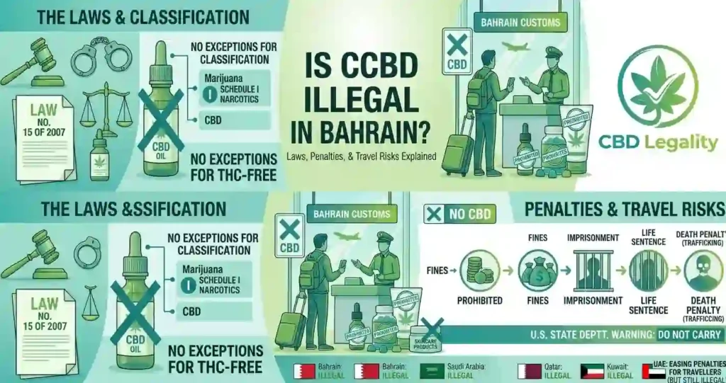 CBD Legality infographic showing Bahrain CBD laws, penalties, and travel risks. CBD is illegal in Bahrain with strict fines and imprisonment.